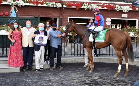 Swiss Skydiver with jockey Tyler Gafalione in the irons convincingly wins the 140th running of The Alabama Saturday Aug.15, 2020 at the Saratoga Race Course in Saratoga Springs, N.Y. From left Sherri McPeek, Kenny McPeek, Peter Callahan