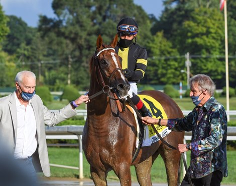 Co-Owners Dean Reeves, left and Randy Hill lead Channel Maker with jockey Manny Franco to the winner’s circle after winning the 46th running of The Sword Dancer Saturday Aug.29, 2020 at the Saratoga Race Course in Saratoga Springs, N.Y.