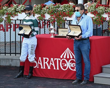 (L-R): John Velazquez and Jimmy Barnes. Gamine with jockey John Velazquez pulls away from the closest competition to win the 95th running of The Longines Test  at the Saratoga Race Course Saturday Aug.8, 2020 in Saratoga Springs, N.Y.  