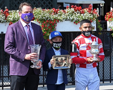 (L-R): Tom Amoss, Luca Allevatto, Luis Saez. Serengeti Empress with Luis Saez wins the Ballerina (G1) presented by NYRA Bets at Saratoga Race Track on Aug. 8, 2020 