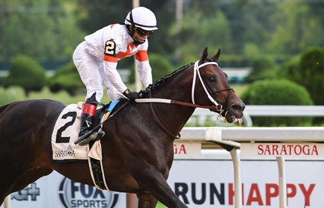 Yaupon with jockey Joel Rosario in the irons moves away from the field to win the 28th running of The Amsterdam Saturday Aug.29, 2020 at the Saratoga Race Course in Saratoga Springs, N.Y. 