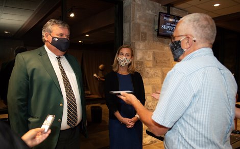 (L-R): Geoffrey Russell and Shannon Arvin with media<br><br />
at Keeneland September sale yearlings in Lexington, KY on September 16, 2020.