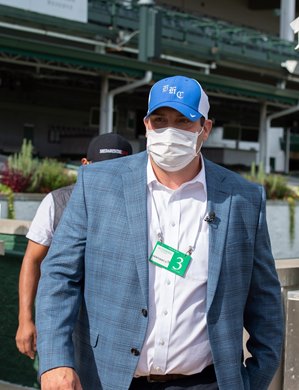 Trainer Brad Cox after Monomoy Girl wins the La Troienne Stakes (G1) at Churchill Downs, Louisville, KY on September 4, 2020.