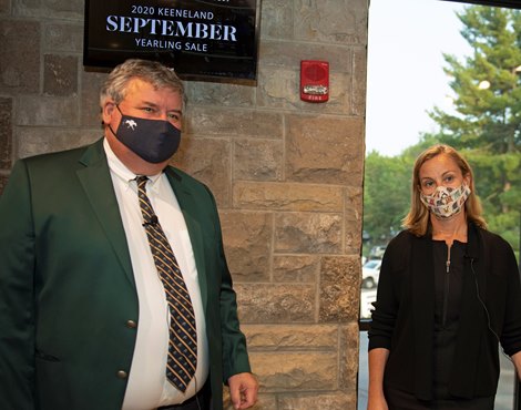 (L-R): Geoffrey Russell and Shannon Arvin<br><br />
at Keeneland September sale yearlings in Lexington, KY on September 14, 2020.