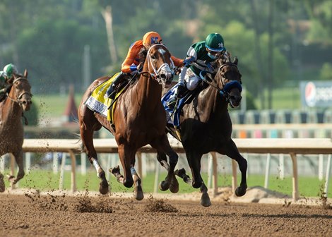 C Z Rocket and jockey Luis Saez, left, overpower Flagstaff (Victor Espinoza), right, to win the Grade II, $200,000 Santa Anita Sprint Championship, Sunday, September 27, 2020 at Santa Anita Park, Arcadia CA.<br><br />
&#169; BENOIT PHOTO