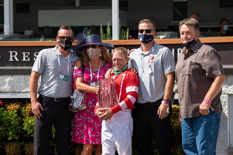 Winning connections of Sconsin, with James Graham up celebrate after winning the Eight Belles Stakes (G2) at Churchill Downs, Louisville, KY on September 4, 2020.