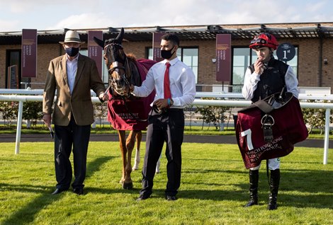 Dermot Weld, Carlos Vieira and Oisin Orr with Search For A Song after winning the Comer Group International Irish St. Leger (Group 1).<br><br />
 Irish Champions Weekend<br><br />
The Curragh Racecourse.<br><br />
Photo: Patrick McCann/Racing Post 13.09.2020<br><br />
