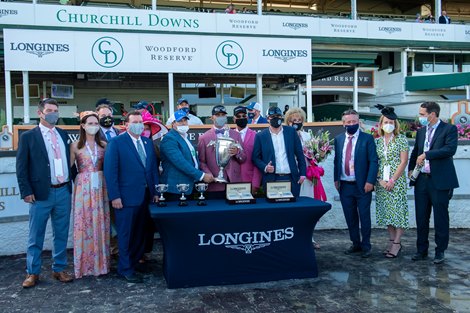 Winning connections of Shedaresthedevil with Florent Geroux in the winners circle after winning the Kentucky Oaks (G1) at Churchill Downs, Louisville, KY on September 4, 2020.