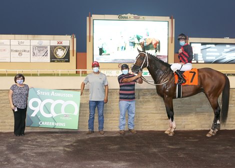 Troy Ounce, ridden by Stewart Elliott, wins the second race on Friday, September 18, 2020 at Remington Park. The victory was the 9,000th in the career of Hall of Fame trainer Steve Asmussen