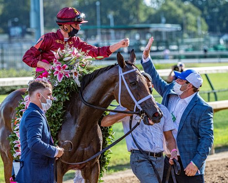 Shedaresthedevil with jockey Florent Geroux high fives Brad Cox after winning the 146th running of The Longines Kentucky Oaks held at Churchill Downs Race Course Friday Sept 4, 2020 in Louisville, KY.  Photo by Skip Dickstein<br>
