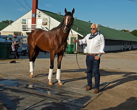 Bob Baffert talking with Authentic outside barn.<br><br />
The morning after Authentic wins the Kentucky Derby (G1) at Churchill Downs, Louisville, KY on September 5, 2020.