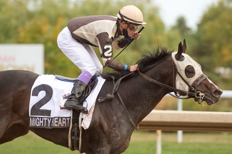 Ft.Erie Ontario, September 29, 2020.Fort Erie Racetrack.Jockey Daisuke Fukumoto guides Mighty Heart to victory in the $400,000 dollar, second leg of the Canadian Tripe Crown the Prince of Wales Stakes