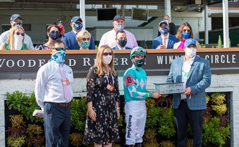 Paul Sharp and Liz Crow with jockey Florent Geroux and trainer Brad Cox after Monomoy Girl wins the La Troienne Stakes (G1) at Churchill Downs, Louisville, KY on September 4, 2020.