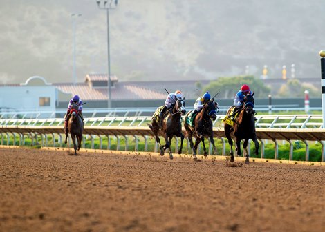 Zedan Racing's Princess Noor and jockey Victor Espinoza, right, draw away and go on to win the Grade I $250,000 Del Mar Debutante Sunday, September 6, 2020 at Del Mar Thoroughbred Club, Del Mar, CA.<br>
Benoit Photo