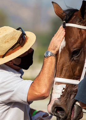 Trainer Peter Miller has a moment with C Z Rocket after their victory in the Grade II, $200,000 Santa Anita Sprint Championship, Sunday, September 27, 2020 at Santa Anita Park, Arcadia CA.<br><br />
&#169; BENOIT PHOTO