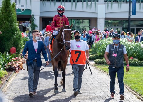 Shedaresthedevil with Florent Geroux wins the Kentucky Oaks (G1) at Churchill Downs, Louisville, KY on September 4, 2020.