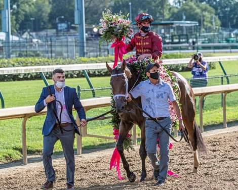 Shedaresthedevil with jockey Florent Geroux wins the 146th running of The Longines Kentucky Oaks held at Churchill Downs Race Course Friday Sept 4, 2020 in Louisville, KY.  Photo by Skip Dickstein<br><br />
