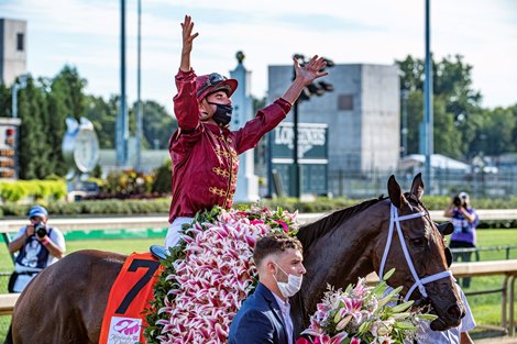Shedaresthedevil with jockey Florent Geroux wins the 146th running of The Longines Kentucky Oaks held at Churchill Downs Race Course Friday Sept 4, 2020 in Louisville, KY.  Photo by Skip Dickstein<br><br />
