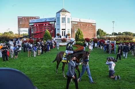 Authentic with jockey John Velazquez wins the 146th running of the Kentucky Derby at Churchill Downs Race Course Saturday Sept 5, 2020 in Louisville, KY.  Photo by Skip Dickstein<br> 