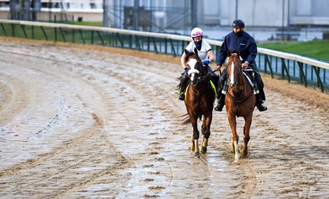 Derby favorite Tiz the Law with exercise rider Heather Smullen get their first look at a very sloppy Churchill  main track Wednesday Sept. 2, 2020 In Louisville, KY.   
