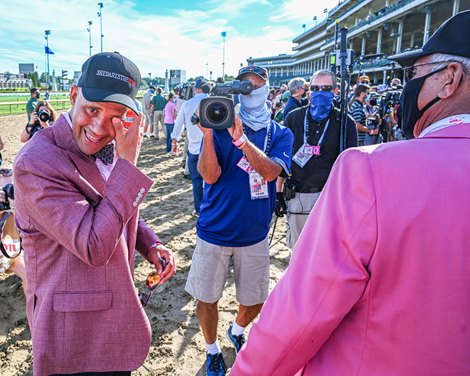 Autry Lowry Jr. and Autry Lowry Sr. caring after there horse Shedaresthedevil with jockey Florent Geroux wins the 146th running of The Longines Kentucky Oaks held at Churchill Downs Race Course Friday Sept 4, 2020 in Louisville, KY.  Photo by Skip Dickstein 