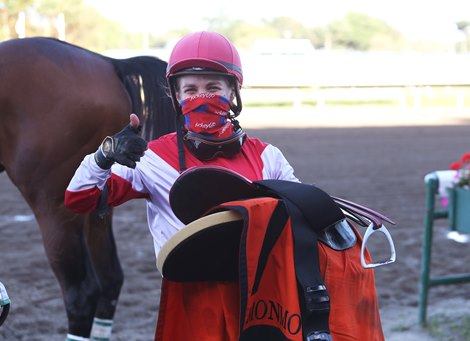 Jockey Ferrin Peterson gives the thumbs up after winning the $100,000 Mr. Prospector Stakes at Monmouth Park Racetrack in Oceanport, NJ on Saturday September 12, 2020 aboard Share the Ride.