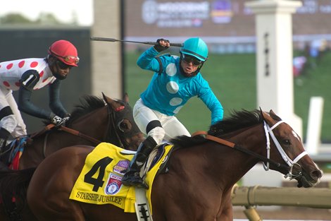 Jockey Justin Stein guides Starship Jubilee to victory in thee $1,000,000 dollar Ricoh Woodbine Mile.Starship Jubilee is trained by Kevin Attard and owned by Blue Heaven Farm. Michael Burns Photo