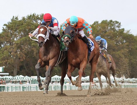 Pickin&#39; Time #5 with Joe Bravo riding won the $75,000 Smoke Glacken Stakes at Monmouth Park in Oceanport, NJ on Sunday September 27, 2020. Second was #3 Dalton with Paco Lopez riding.  Photo By Ryan Denver/EQUI-PHOTO