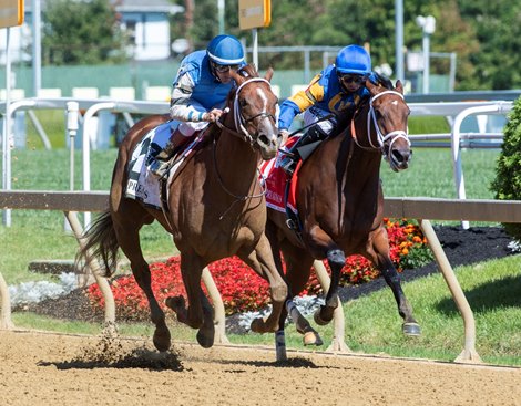 Wicked Whisper with jockey Joe Bravo out duels Ain’t No Elmers with jockey Gabriel Saez to win the 35th running of The Miss Preakness Stakes(GIII) Saturday Oct 3, 2020 at Pimlico Race Course in Baltimore, MD.  