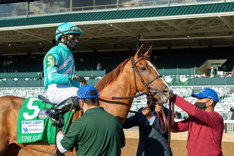 Uni with Joel Rosario wins the First Lady (G1) at Keeneland on October 3, 2020.