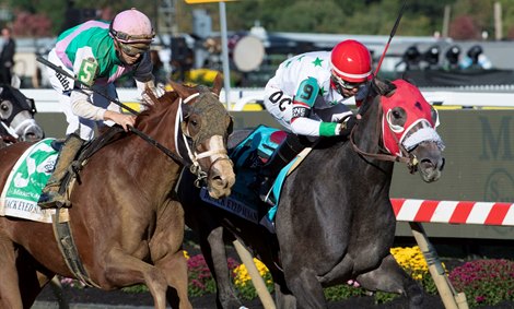 Miss Marissa with jockey Daniel Centeno aboard out duels Bonny South with Florent Geroux to win the George E. Mitchell Black-Eyed Susan(GII) Saturday Oct 3, 2020 at Pimlico Race Course in Baltimore, MD.  