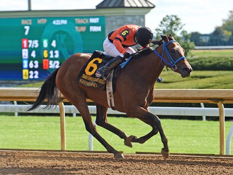 October 3. 2020; Keenland Fall Meet<br><br />
Inthemidsofbiz, Martin Garcia up, wins the Gr.2 Thoroughbred Club of America Stakes at Keeneland...</p></p>
<p><p>Rick Samuels/The Blood-Horse