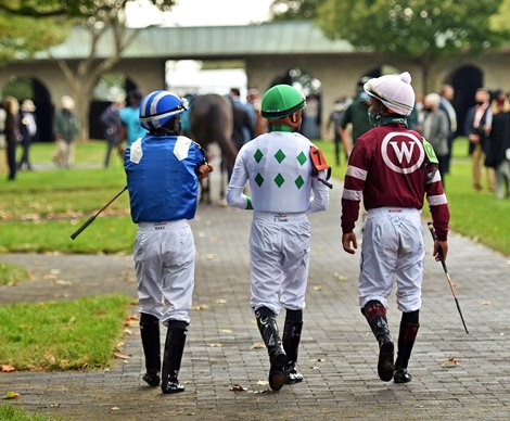 October 4, 2020: Keeneland Fall Meet Opener Jockeys Luis Saez, Gerardo Corrales and Ricardo Santana in the Keeneland paddock