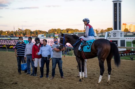 Harper’s First Ride with jockey Angel Cruz aboard in the winner’s circle presentation after winning the Pimlico Special Friday Oct 2, 2020 at Pimlico Race Course in Baltimore, MD.  