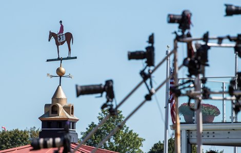 The wind vane that is to be repainted today after Preakness stands prepared with cameras looking at it on top of the cupola in the infield Saturday Oct 3, 2020 at Pimlico Race Course in Baltimore, MD