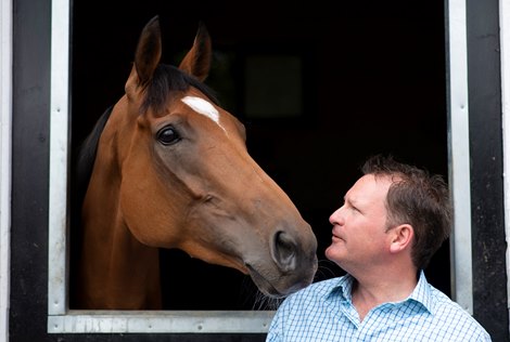 Trainer Ed Vaughan poses with the Princess of Wales’s winner Dame Malliot at his Machell Place Stables in the heart of Newmarket 4.8.20 