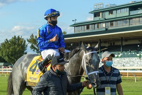 Essential Quality with Luis Saez wins the Claiborne Breeders’ Futurity (G1) at Keeneland on October 3, 2020.