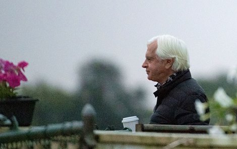 Trainer Bob Baffert keeps a close eye on his two charges  at the Pimlico Race Course Friday Oct 2, 2020 in preparation for Saturday’s 145th Preakness Stakes.in Baltimore, MD.  