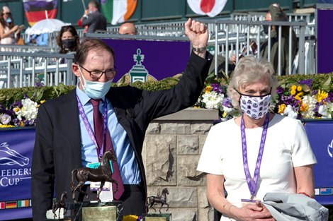 James R. Fanshawe and wife in the winner’s circle for Audarya with Pierre Charles Boudot win the Breeders’ Cup Filly and Mare Turf at Keeneland in Lexington, Ky. on Nov. 7, 2020.