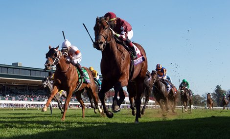 Golden Pal with jockey Irad Ortiz Jr. aboard wins the $1M Juvenile Turf Sprint(GII) at Keeneland Race Course Friday Nov. 6 2020 in Lexington, KY.  Photo by Skip Dickstein