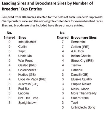 2020 Breeders&#39; Cup leading sires and broodmare sires by number of entries and also-eligibles