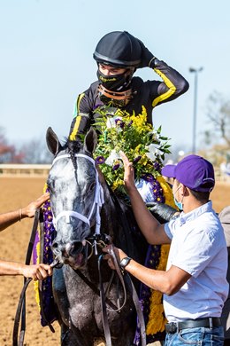 Knicks Go ridden by Joel Rosario wins the $1M Breeders’ Cup Dirt Mile G1 at Keeneland Race Course Saturday, Nov. 7 2020 in Lexington, KY.  Photo by Skip Dickstein