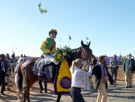 Audarya with Pierre Charles Boudot wins the Breeders’ Cup Filly and Mare Turf at Keeneland in Lexington, Ky. on Nov. 7, 2020.