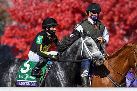 Knick's Go with Joel Rosario up trained by Brad Cox win the Breeders' Cup Dirt Mile, Saturday, November 07, 2020, at Keeneland Race Course in Lexington. Track record performance by Knick’s Go.
