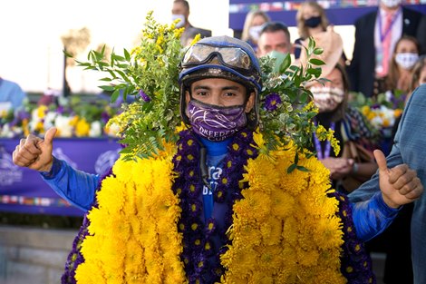 Essential Quality with Luis Saez wins the TVG Breeders’ Cup Juvenile at Keeneland in Lexington, Ky. on Nov. 6, 2020.