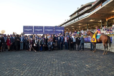 Winning connections of Authentic with John Velazquez in the winner’s circle for the Breeders’ Cup Longines Classic at Keeneland in Lexington, Ky. on Nov. 7, 2020.