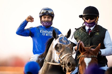 Essential Quality, with Luis Saez up celebrate after winning the TVG Juvenile race during Breeder&#39;s Cup World Championships at Keeneland in Lexington, Ky., Friday, November 6, 2020. 