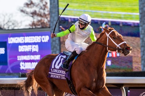 Monomoy Girl ridden by Florent Geroux wins the $2M Breeders’ Cup Distaff G1 at Keeneland Race Course Saturday Nov. 7,  2020 in Lexington, KY.  Photo by Skip Dickstein