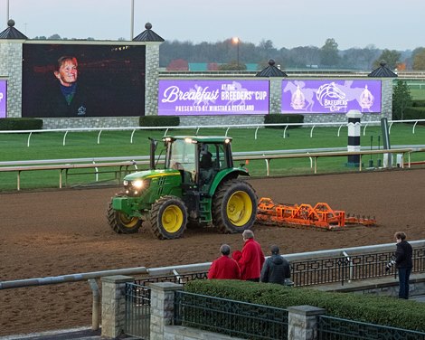 Tractor working the track Breeders’ Cup horses at Keeneland in Lexington, Ky. on October 31, 2020. 