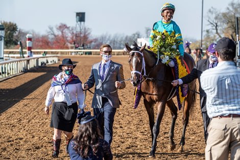 Fire At Will ridden by Ricardo Santana Jr.wins the $1M Juvenile Turf(G1) Presented by Coolmore at Keeneland Race Course Friday Nov. 6 2020 in Lexington, KY